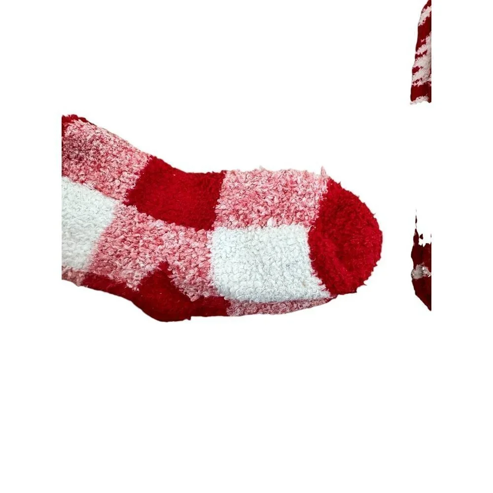 Cozy Red & White Fuzzy Winter Socks With Bear & Tree Pattern
